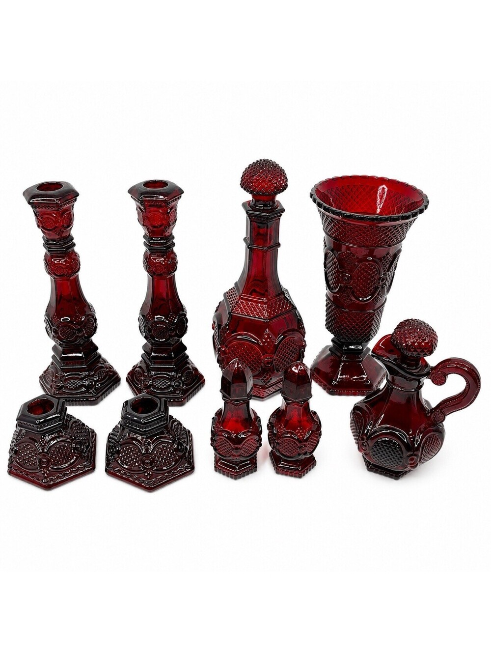 Avon Cape Cod Ruby Red Glassware Lot Decanter Candle Sticks Vase Cruet